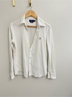 Ralph Lauren White Long-Sleeve Button-Down Shirt with Polo Logo. Knit Oxford
